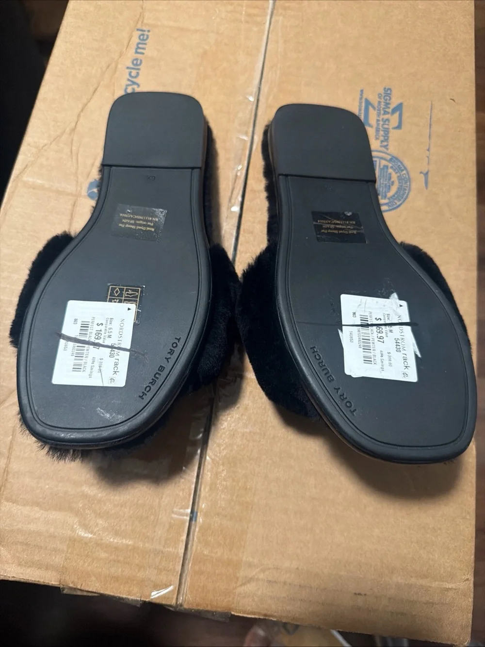 Tory Burch Double T Black Sheepskin Shearling Slide Slippers Womens 6.5 no box